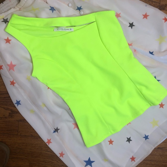 NYLON APPAREL neon yellow one shoulder cut out top - Picture 2 of 4